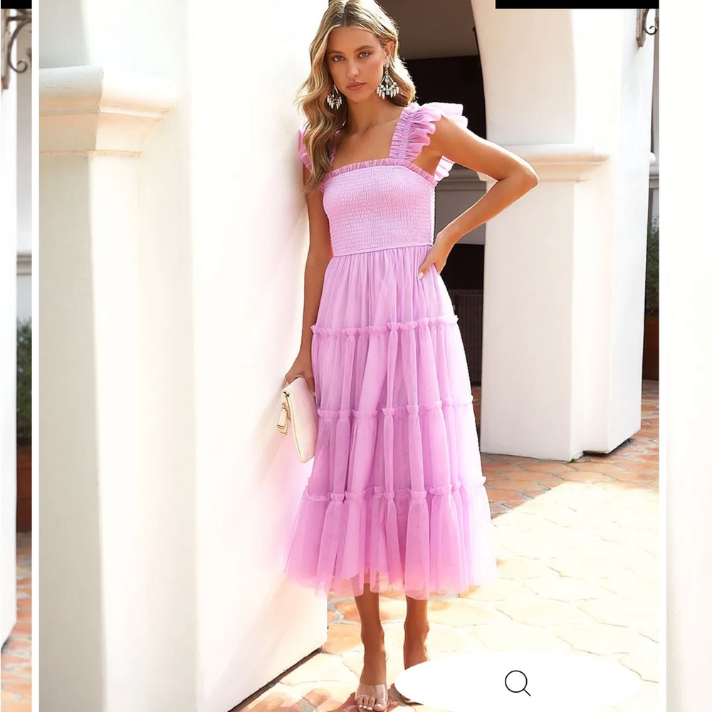 FAIRYTALE LOVE TULLE SMOCKED TIERED MIDI DRESS - LILAC Large, worn once
